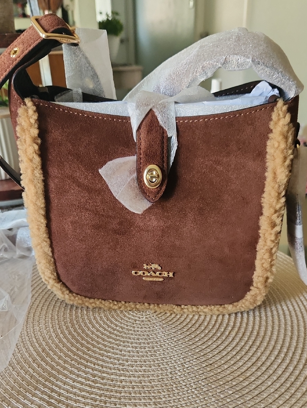 NWT Coach Brown Suede Crossbody with Tan Shearling Trim and Gold Hardware.